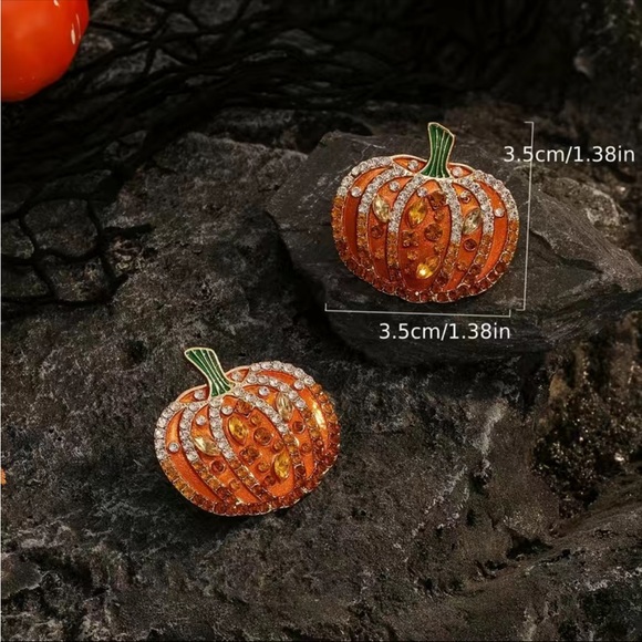 18K Gold Plated Large Pumpkin Rhinestone Stud Earrings - Picture 3 of 5